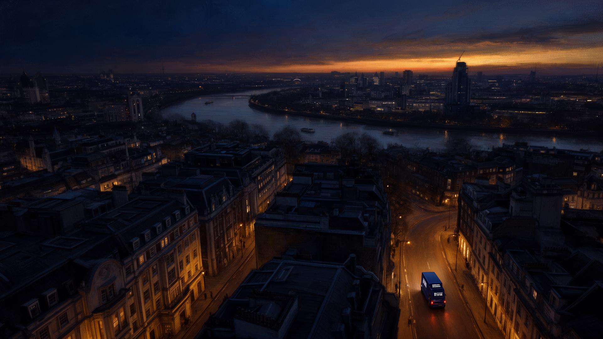 Twilight London with a navy van on a road below