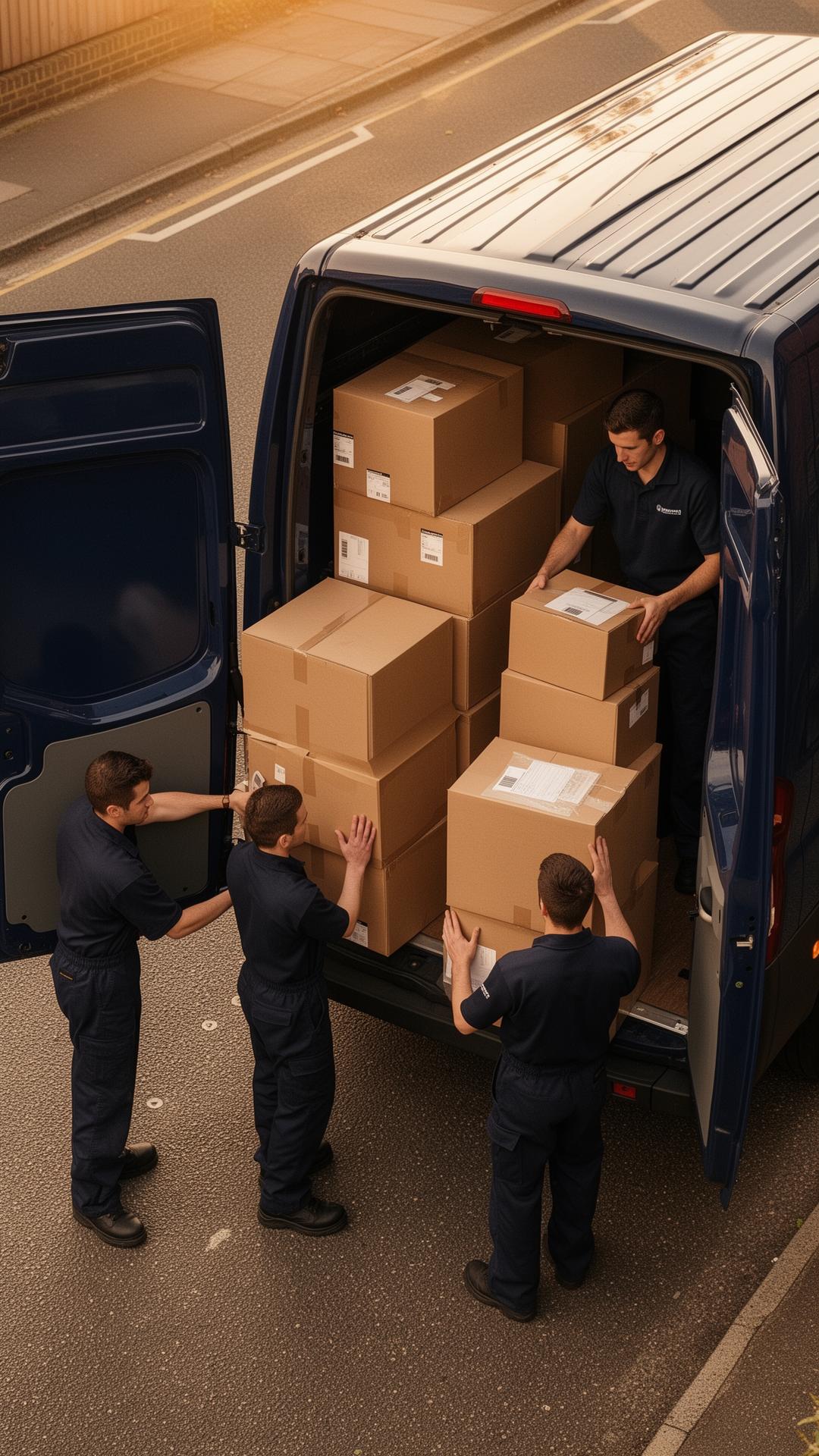 Rossco crew loading boxes into a navy van